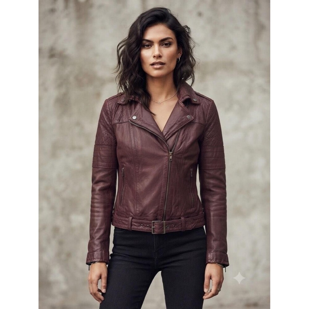 Muubaa Leather Biker Jacketโ Womens 4 Red Belted Quilted Moto Zip Slim Fit